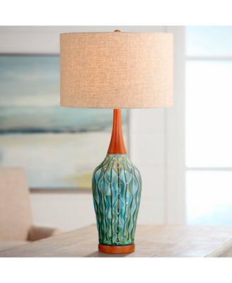 Rocco Modern Mid Century Table Lamps 30" Tall Set of 2 Blue Teal Glaze Ceramic Linen Drum Shade for Bedroom Living Room Nightstand Home