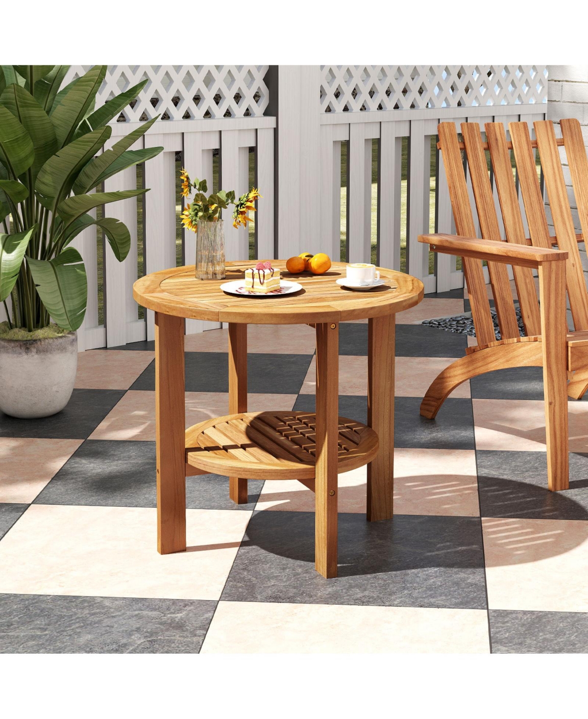 Outdoor Teak Wood Round Side Table Patio End Table with Slatted Storage Shelf