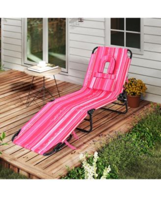 Beach Chaise Lounge Chair with Face Hole and Removable Pillow-Hot Pink