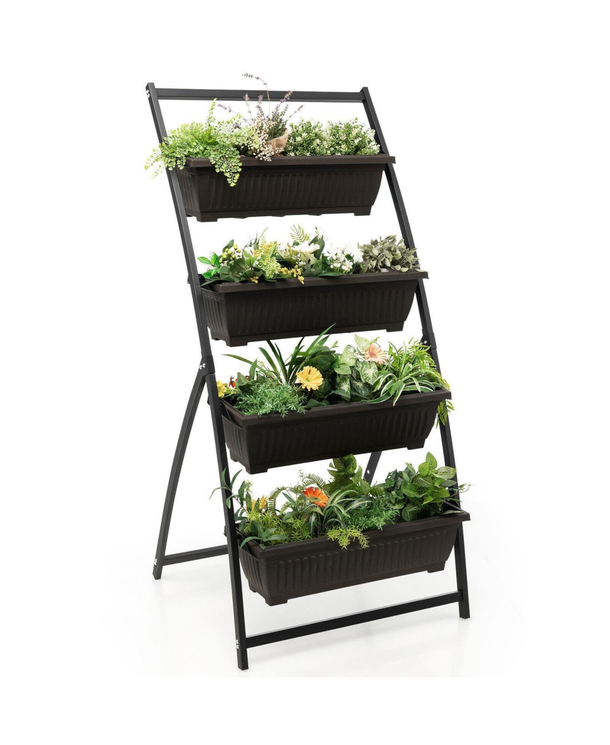 4-Tier Vertical Raised Garden Bed with 4 Containers and Drainage Holes - Black