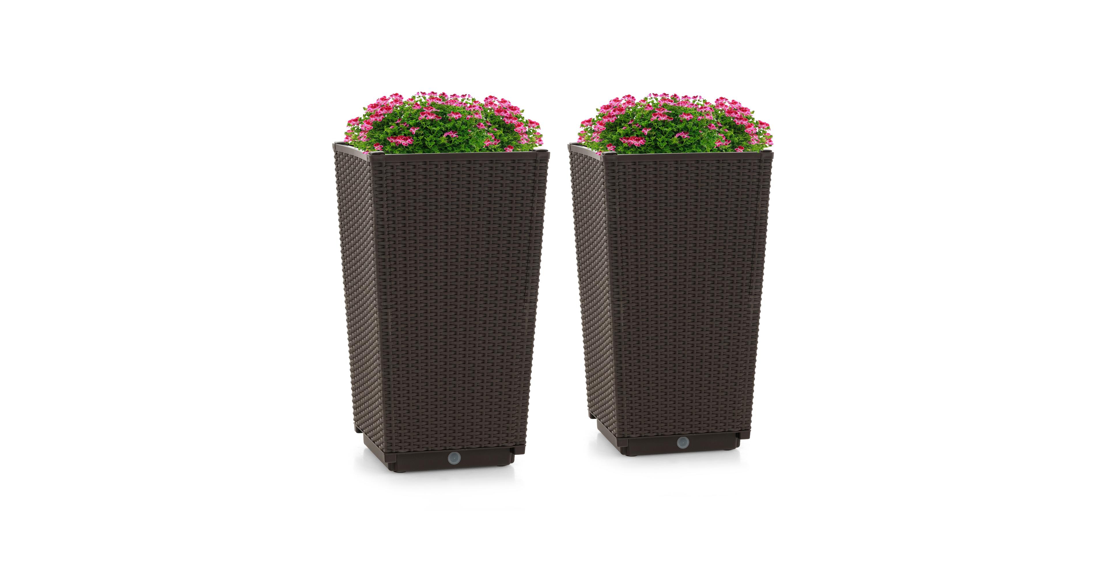 Outdoor Wicker Flower Pot Set of 2 with Drainage Hole for Porch Balcony-Brown