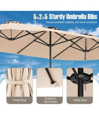 15.5 FT Extra-Large Patio Umbrella with LED Solar Lights and Crank Handle-Beige