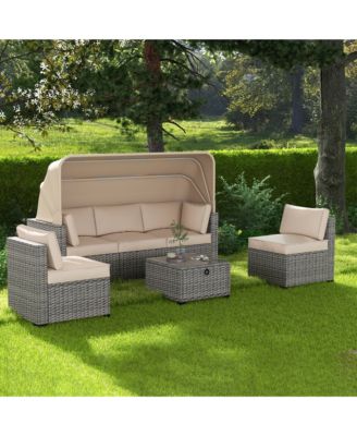 6 Pieces Patio Furniture Sets, Outdoor Rattan Daybed with Retractable Canopy, Outdoor Sectional Sofa Set with Adjustable Backrest, Chaise Chair Sunbed