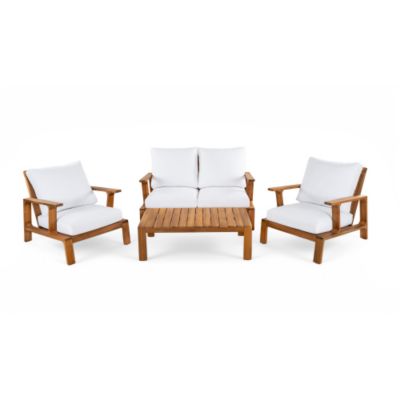 4 Person Outdoor Sofa Set Patio Seating Group with Cushions Coffee Table Teak Finish White Cushion