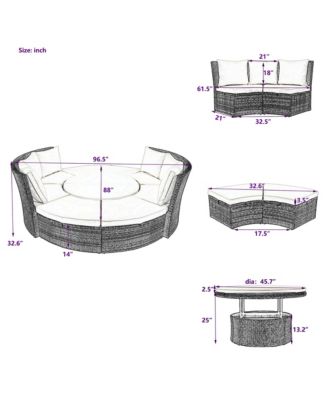 5-Piece Round Rattan Sectional Sofa Set All-Weather PE Wicker Sunbed Daybed with Round Liftable Table and Washable Cushions