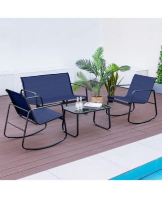 4 Piece Patio Rocking Set with Glass-Top Table-Navy