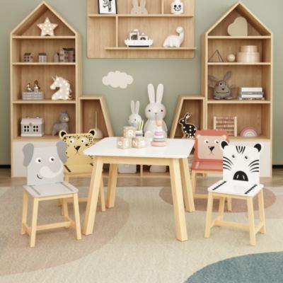 5 Piece Kiddy Table and Chair Set , Kids Wood Table with 4 Chairs Set Cartoon Animals