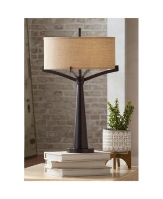 Tremont Modern Mid Century Table Lamps 31 1/2" Tall Set of 2 Rich Bronze Iron Burlap Fabric Drum Shade for Bedroom Living Room
