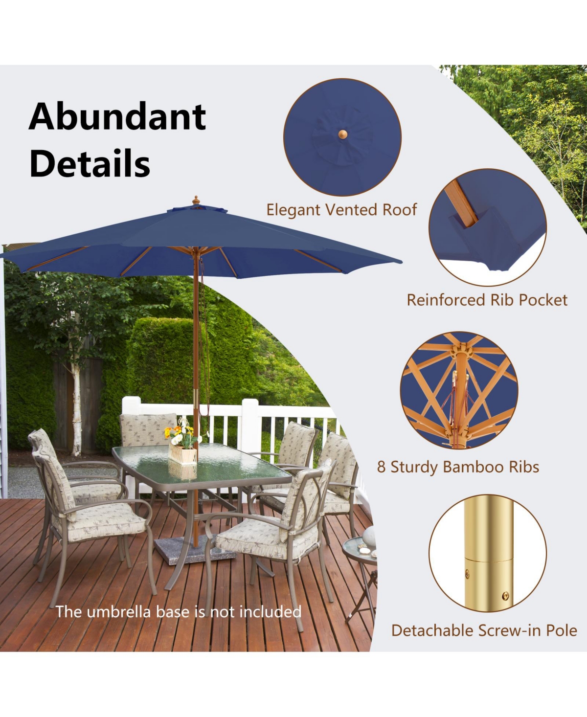 10 Feet Patio Umbrella with 8 Wooden Ribs and 3 Adjustable Heights-Navy