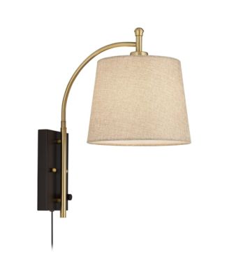 Chester Modern Swing Arm Wall Lamp Brass Black Plug-in Light Fixture Tan Drum Shade for Bedroom Bedside Living Room Reading Home House