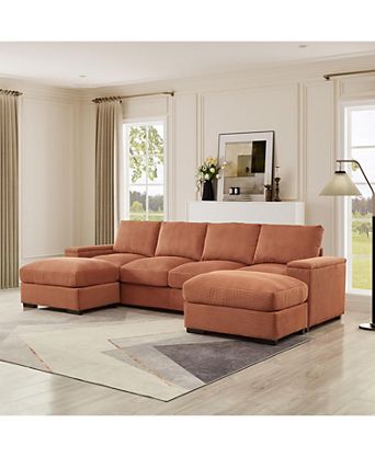 Corduroy Sectional Sofa with Ottomans