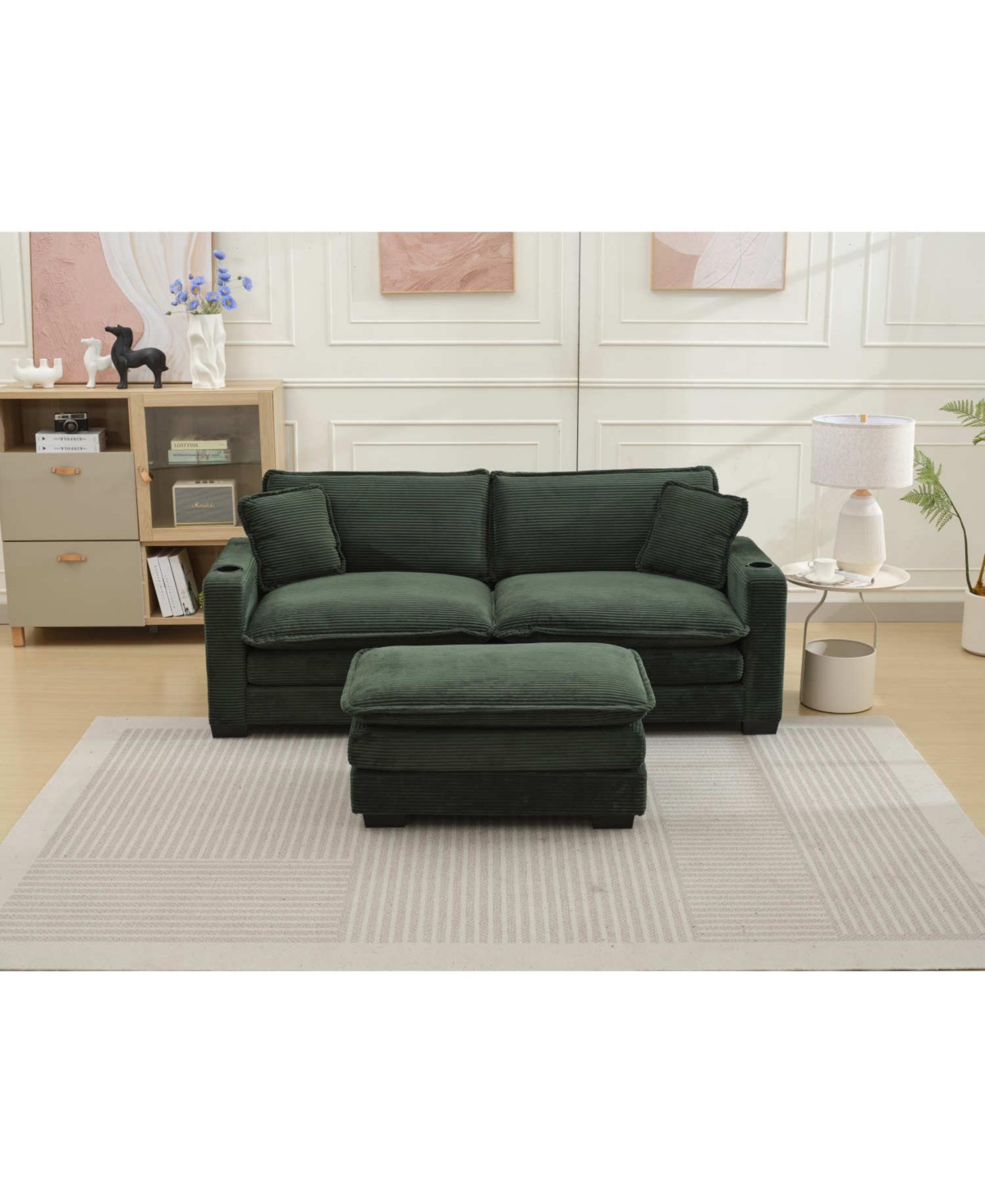 Streamdale Green Corduroy L-Shape Sofa with Usb & Footstool