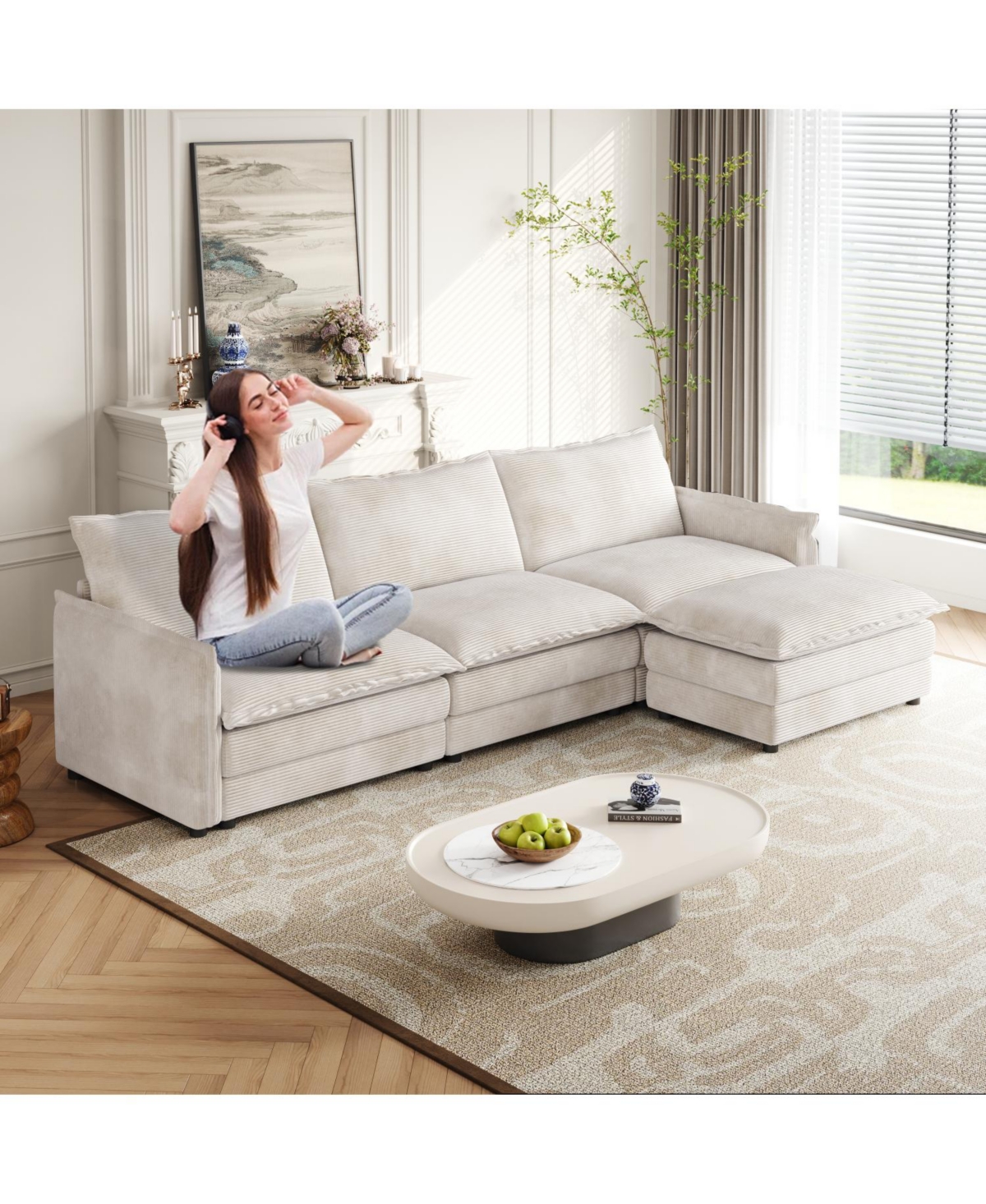 Streamdale Corduroy 3-Seater Cloud Couch with Footrest & Cushions