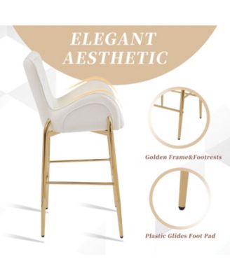28.75inch Counter Height Bar Stools Set of 2, Bar Height Arm Chairs, Velvet Fabric Stools with Golden Legs and Footrests, White