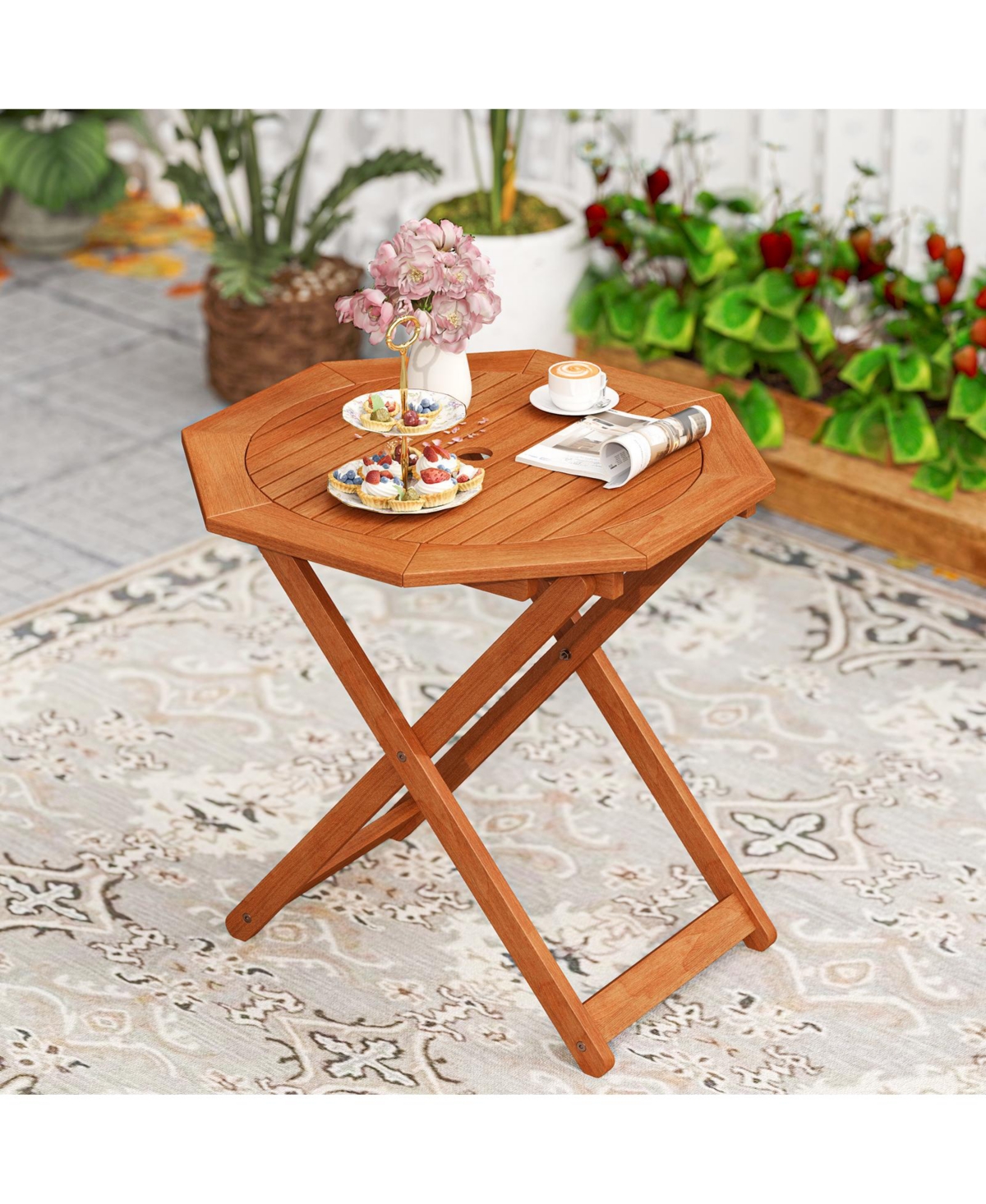Octagon Folding Patio Table with 2 Inches Umbrella Hole