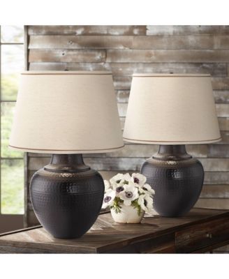Brighton Rustic Traditional Farmhouse Table Lamps 27.25" Tall Set of 2 Hammered Bronze Metal Pot Beige Fabric Drum Shade for Living Room Bedroom House Bedside Nightstand Home - Barnes and Ivy