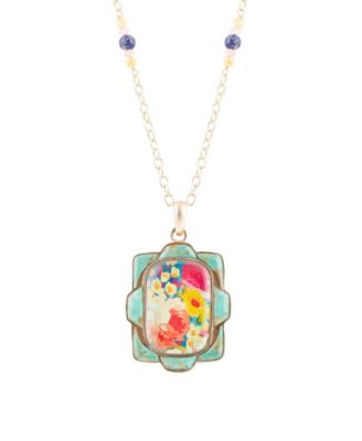 Scenic Floral and Blue Turquoise Golden Pendant Necklace