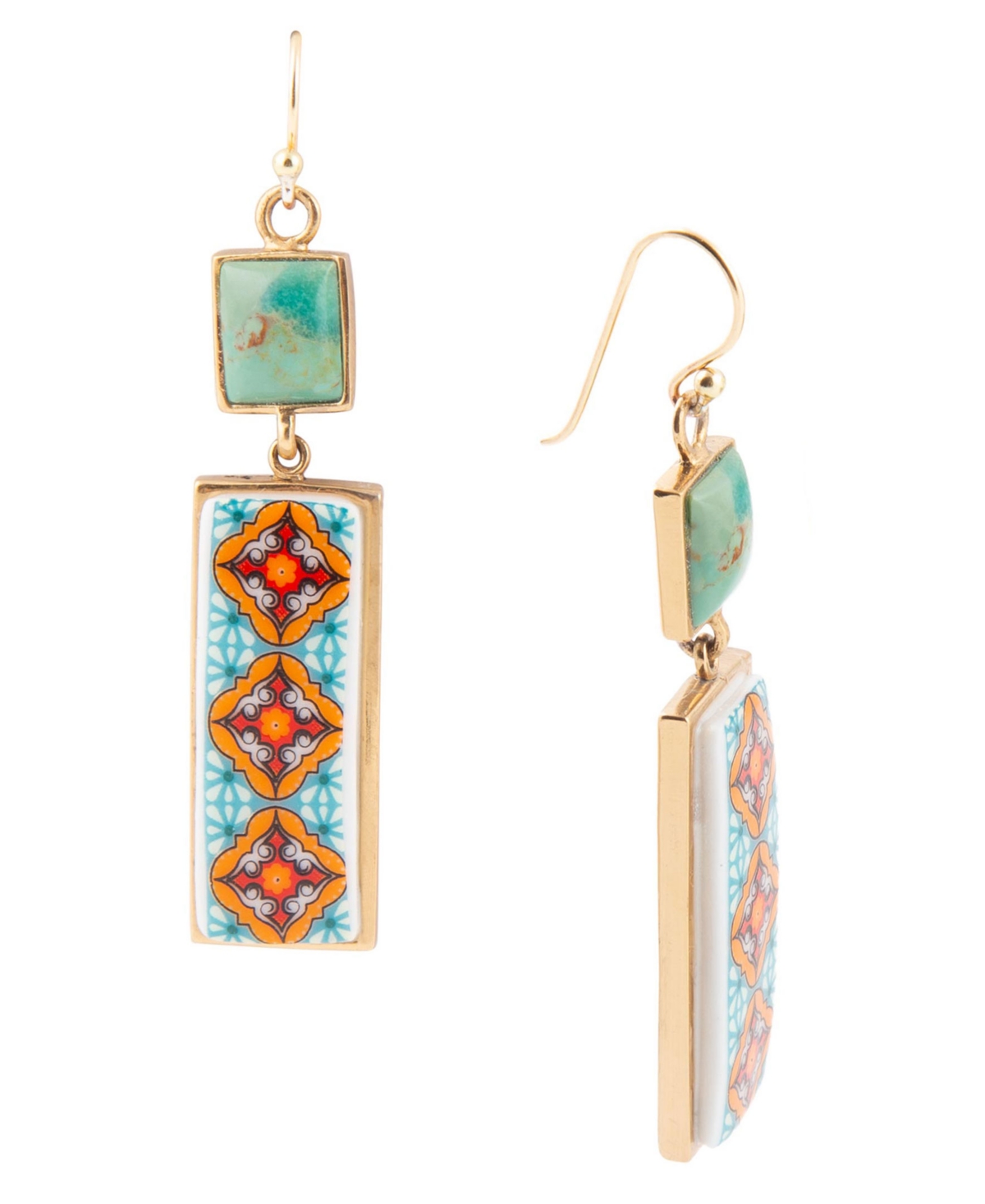 Talavera Tile and Blue Turquoise Golden Dangle Earrings - Genuine Turquoise