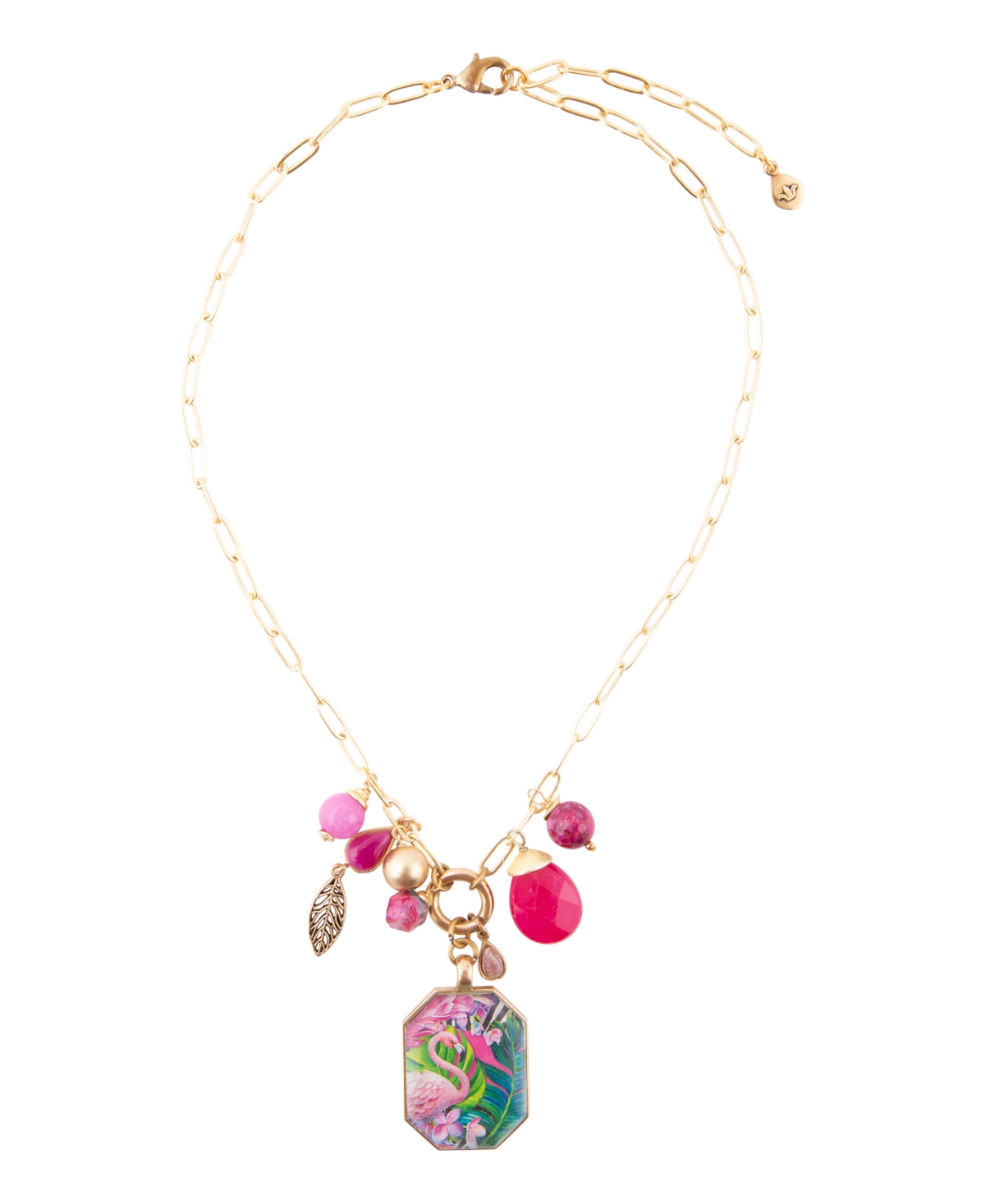 Scenic Pink Flamingo Agate Golden Pendant Necklace - Genuine Pink Agate