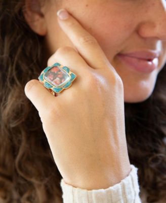 Scenic Red Floral Blue Apatite Golden Statement Ring