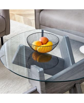 Streamdale Round Coffee Table – 1 Pc, Tempered Glass & MDF, 33.4" Diameter, Grey Patterned Legs, Modern Living Room Furniture