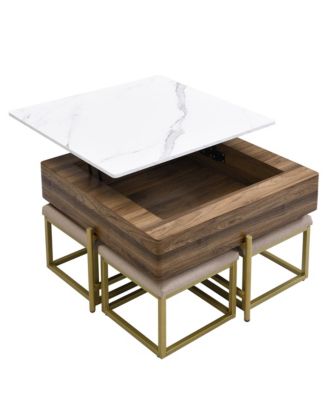 Modern Square Lift-Top Coffee Table Set with Storage & 4 Ottomans