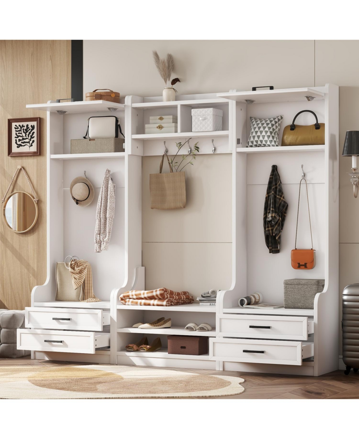 4-in-1 Hall Tree: Coat Rack, Shoe Bench, Storage - White - White
