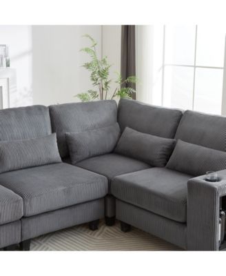 Streamdale L-Shaped Corduroy Sectional Sofa with Storage & Cup Holder