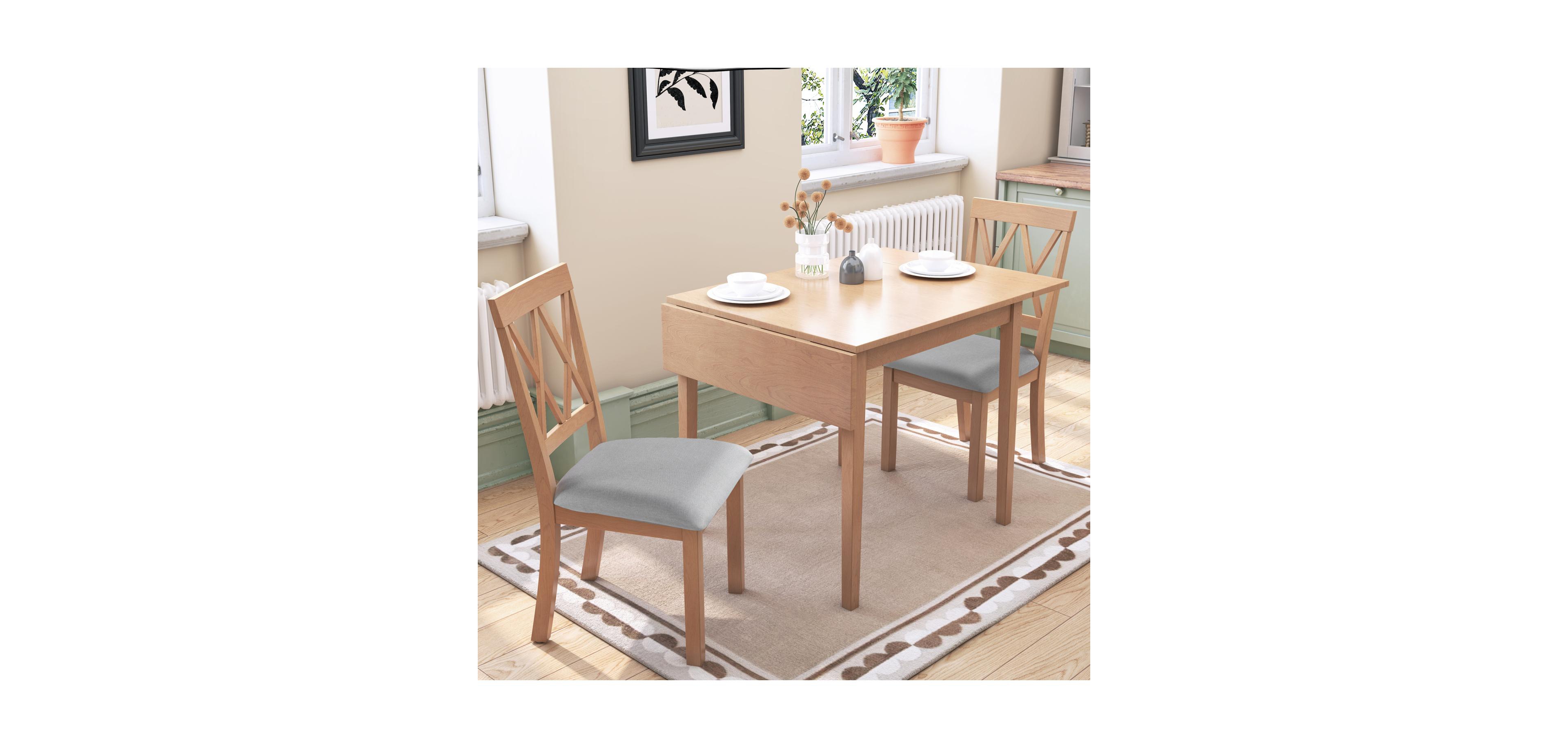 Natural 3-Piece Dining Set with Drop Leaf Table & Upholstered Chairs