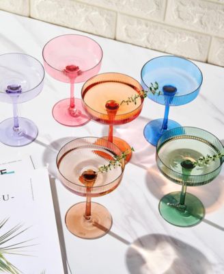 Vintage Ribbed Art Deco Coupe Glasses, Set of 6