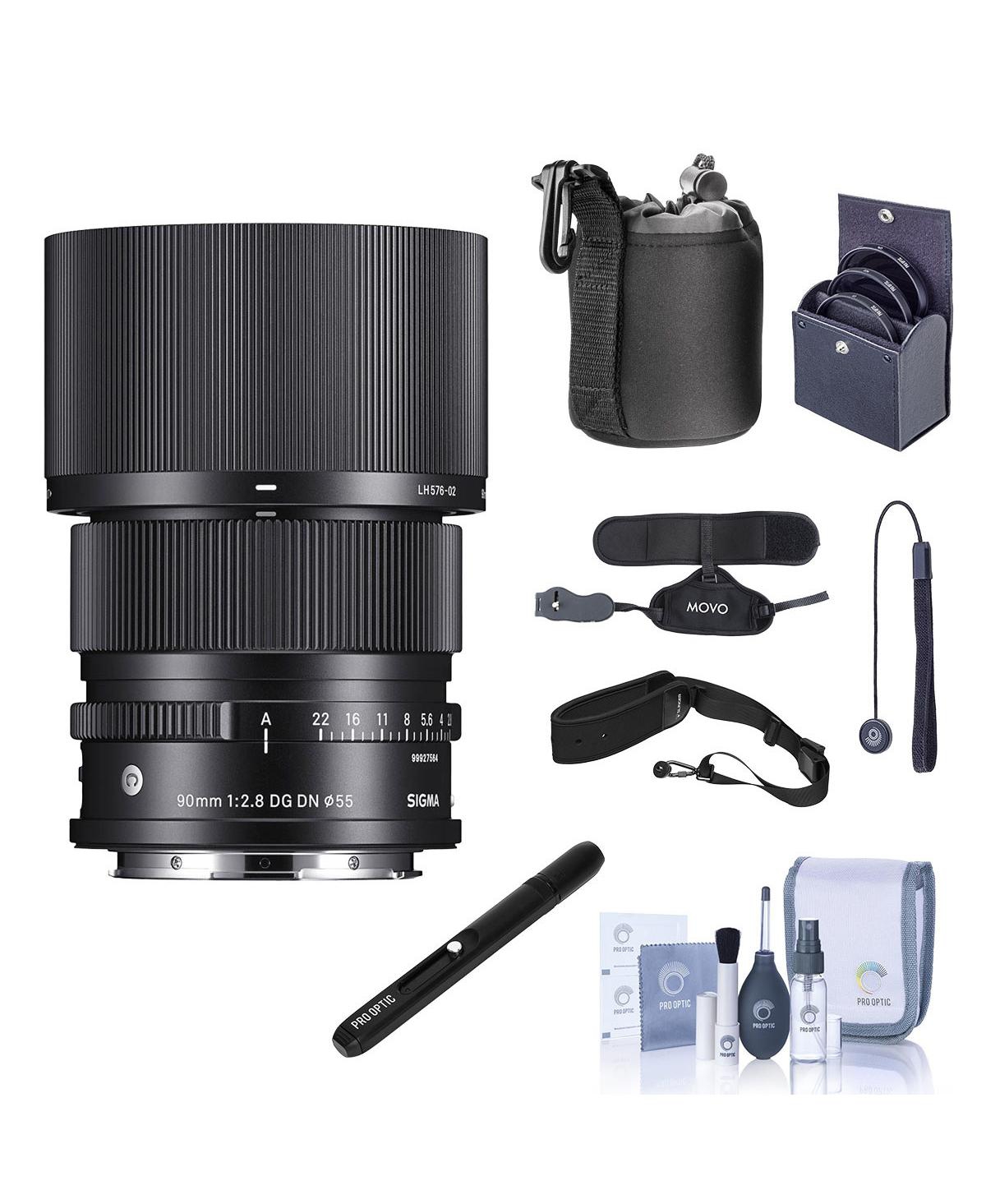 Sigma 90mm f/2.8 Dg Dn Contemporary Lens for L Mount, Bundle with ProOptic 55mm Filter Kit, Dual Wrist and Grip Strap, Sling Strap, Lens Cleaner,