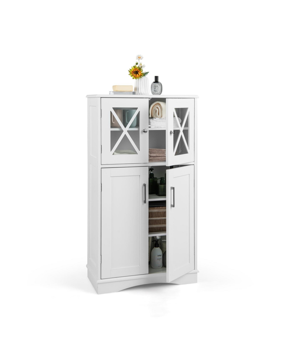 4 Doors Freeestanding Bathroom Floor Cabinet with Adjustable Shelves - White