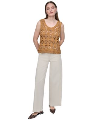DKNY JEANS WOMENS CROCHET SCOOP NECK COTTON TOP HIGH RISE TAILORED WIDE LEG JEANS 