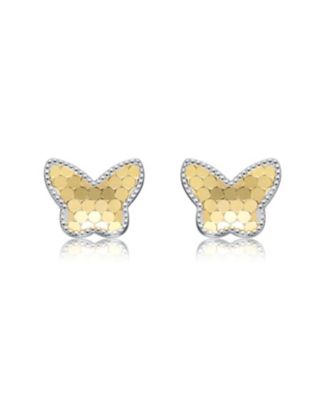 Two-Tone Milgrain Medallion Butterfly Stud Earrings in White Gold Plated or 14K Gold Plated