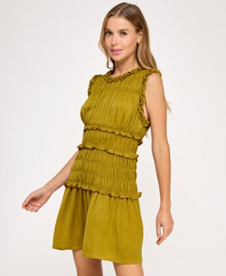 Juniors' Gathered Satin Sleeveless A-Line Dress