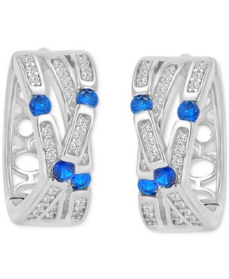 Blue Cubic Zirconia Pav&eacute; Three-Row Overlapped Huggie Earrings in Sterling Silver