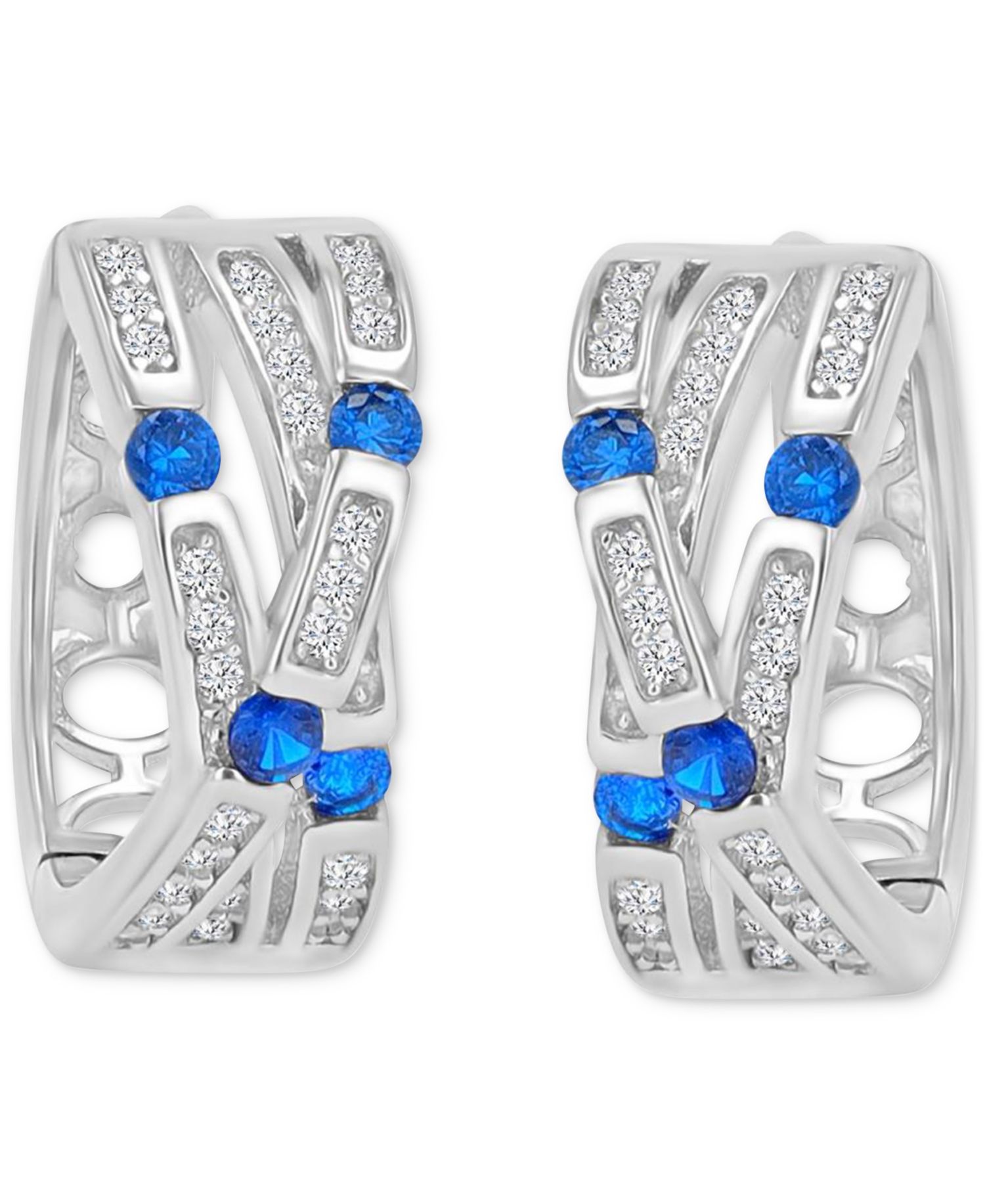 Blue Cubic Zirconia Pav&eacute; Three-Row Overlapped Huggie Earrings in Sterling Silver