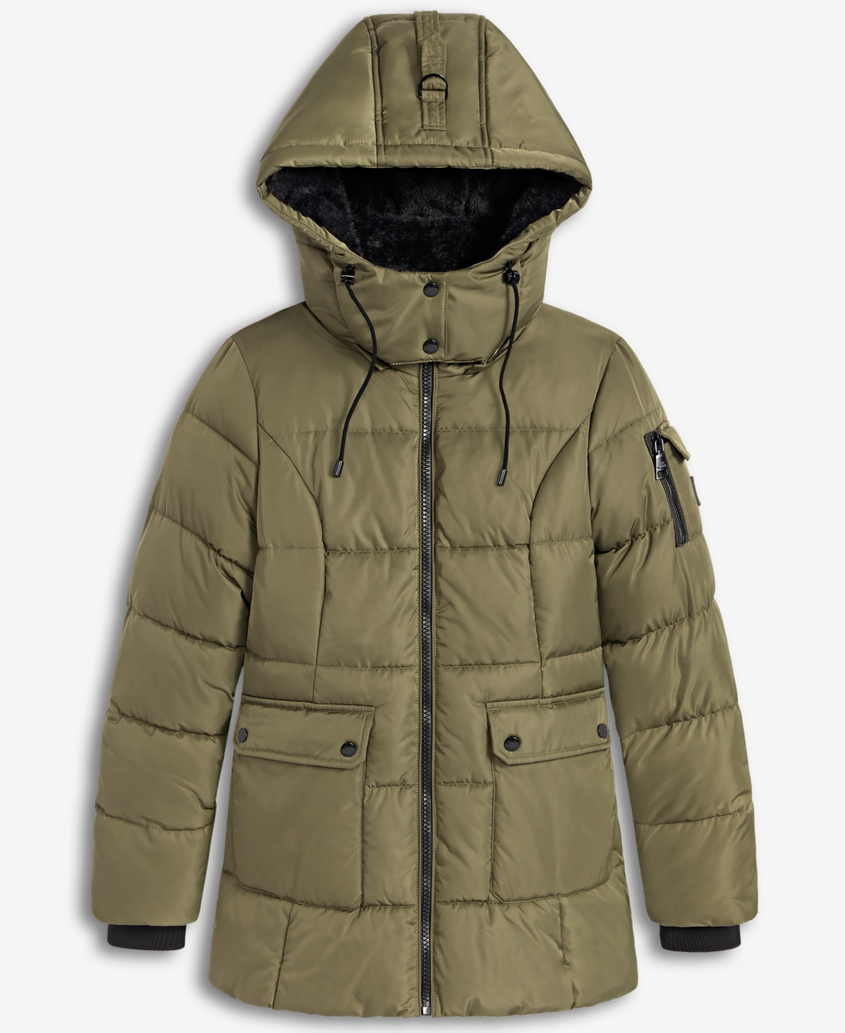 Steve Madden Women's Faux-fur-trim Hooded Utility-pocket Puffer Coat In Green