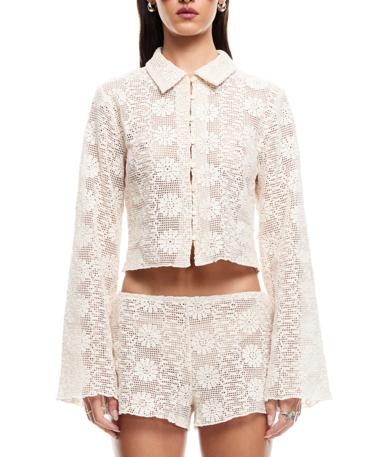 Women's Cotton Lace Babydoll Top - Cream Floral