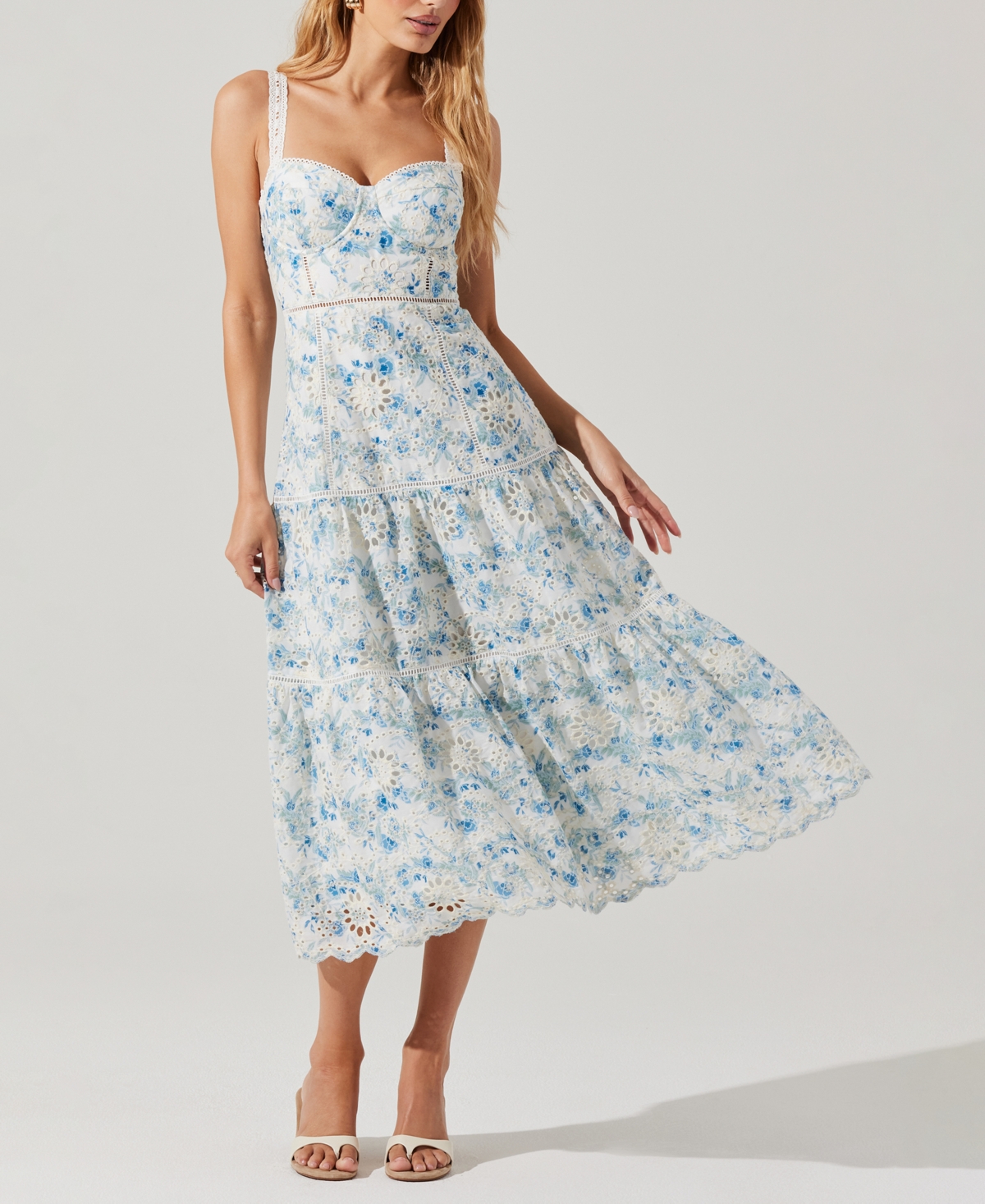 Astr Pellagia Floral Eyelet Midi Dress In Blue And White In Blue