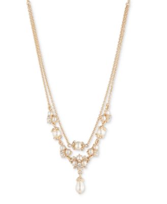 Marchesa - Gold-Tone Crystal & Imitation Pearl Layered Pendant Necklace, 16" + 3" extender