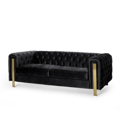Luxurious Velvet Tuxedo Sofa with Golden Accents