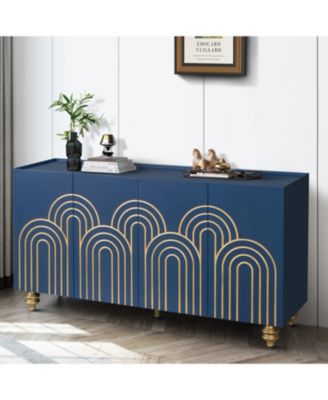 Navy Blue Fluted Sideboard Buffet with 4 Doors