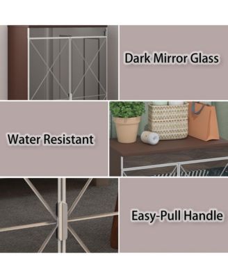 Elegant Decor Mirrored Cabinet with Silver Edging, Mirrored Cabinet with Double Door Storage, Shoe Storage Cabinet for Entryway, Glass+Brown Finish