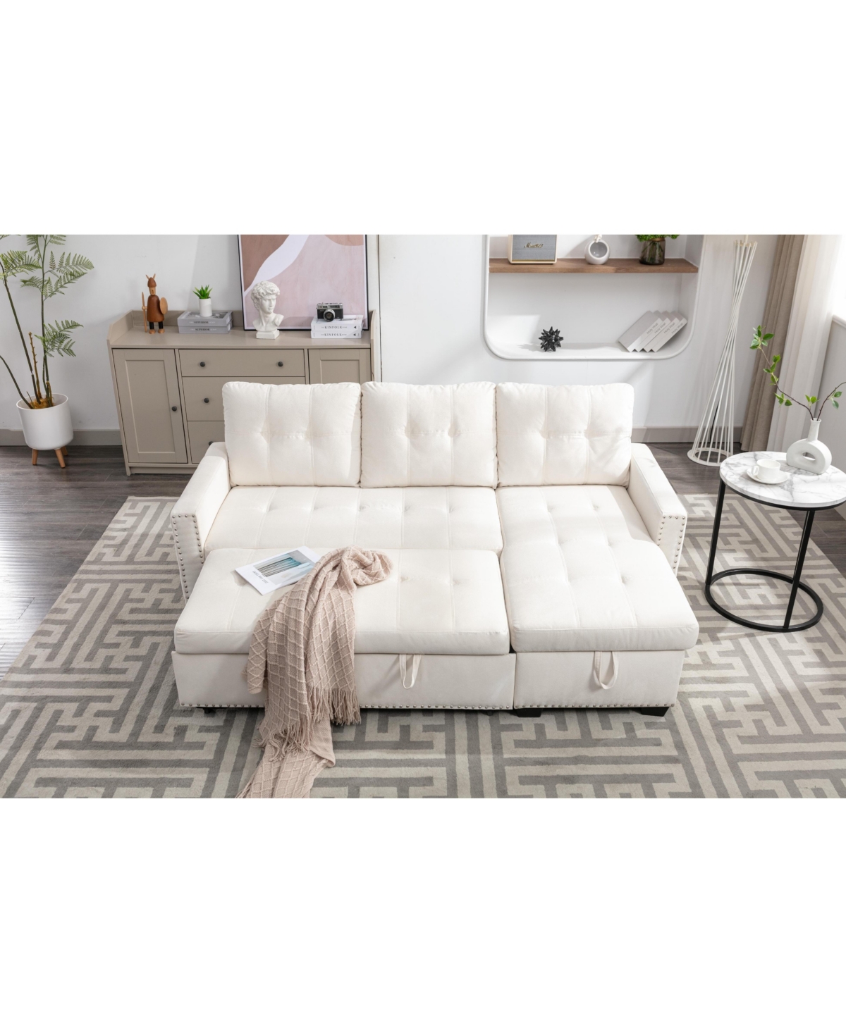 Streamdale Furniture 77" Reversible Sleeper Sectional With Storage, Beige Velvet