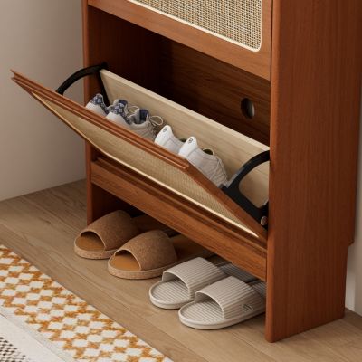 Slim Rattan Shoe Cabinet with Flip-up Storage & Handy Top