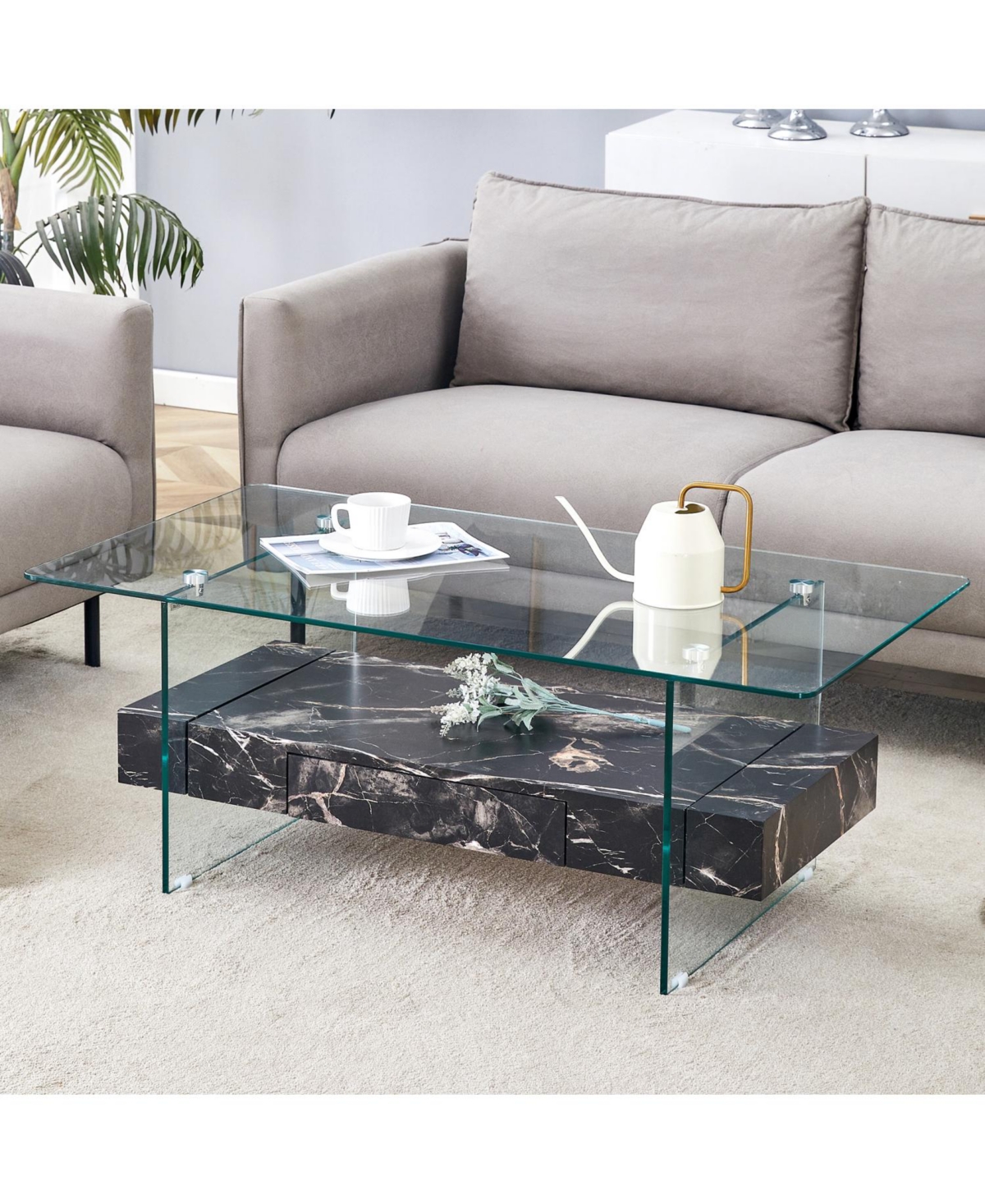 Streamdale 43.3" Modern Two-Tier Glass Coffee Table w/ Marble Texture & Drawer