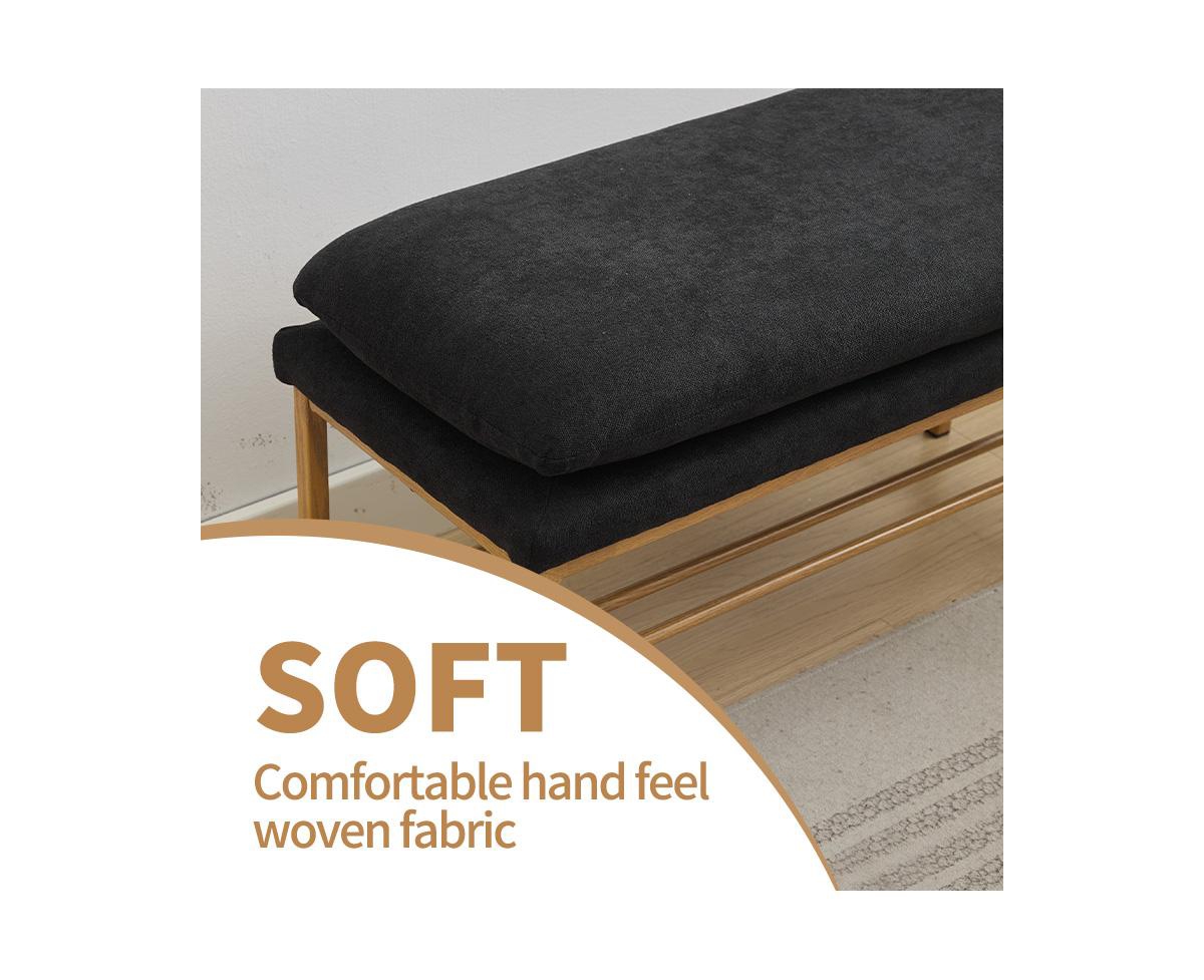 End of Bed Bench with Shelf, Linen Upholstered Storage Shoe Bench, Modern Bedroom Bench with Metal Legs for Living Room, Entryway, Dining Room, 300 Lb