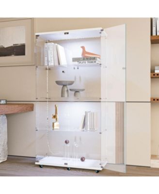 White Tempered Glass wood Cabinet w/ LED, Lock & Wheels