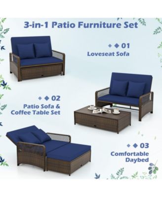 Patio Adjustable Wicker Daybed with 4-Level Backrest and Soft Cushions-Navy